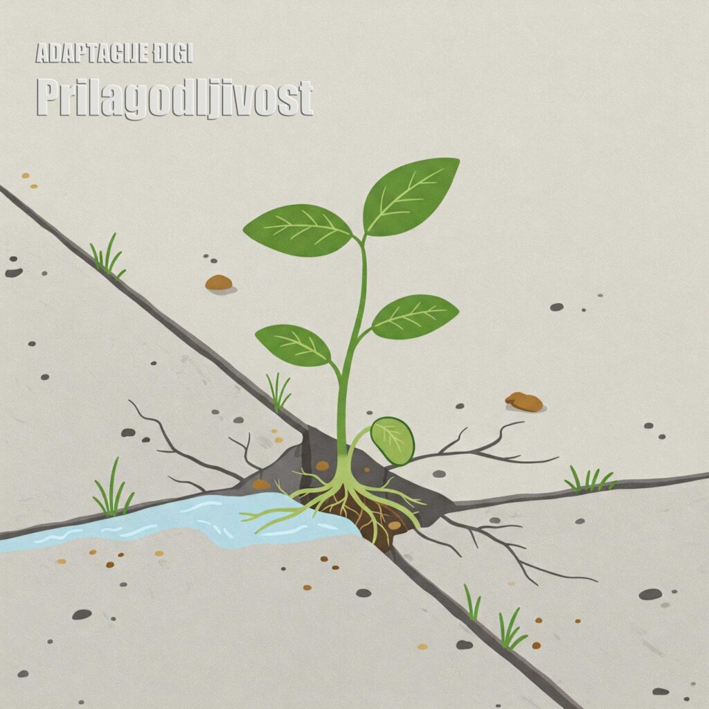Sadnica koja raste iz pukotine u betonu, simbolizirajući prilagodljivost prirodi pa tako i ĐIGI ADAPTACIJE se prilagođavaju potrebama svojih klijenata